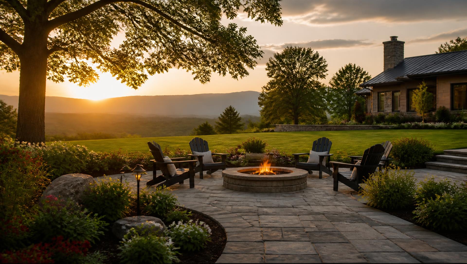 Luxury stone patio and fire pit overlooking the East Tennessee hills at sunset