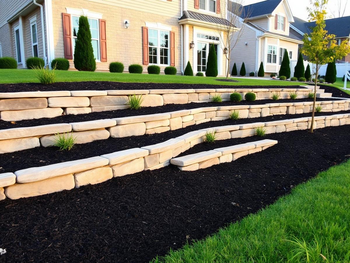 Terraced natural stone retaining wall with fresh mulch beds