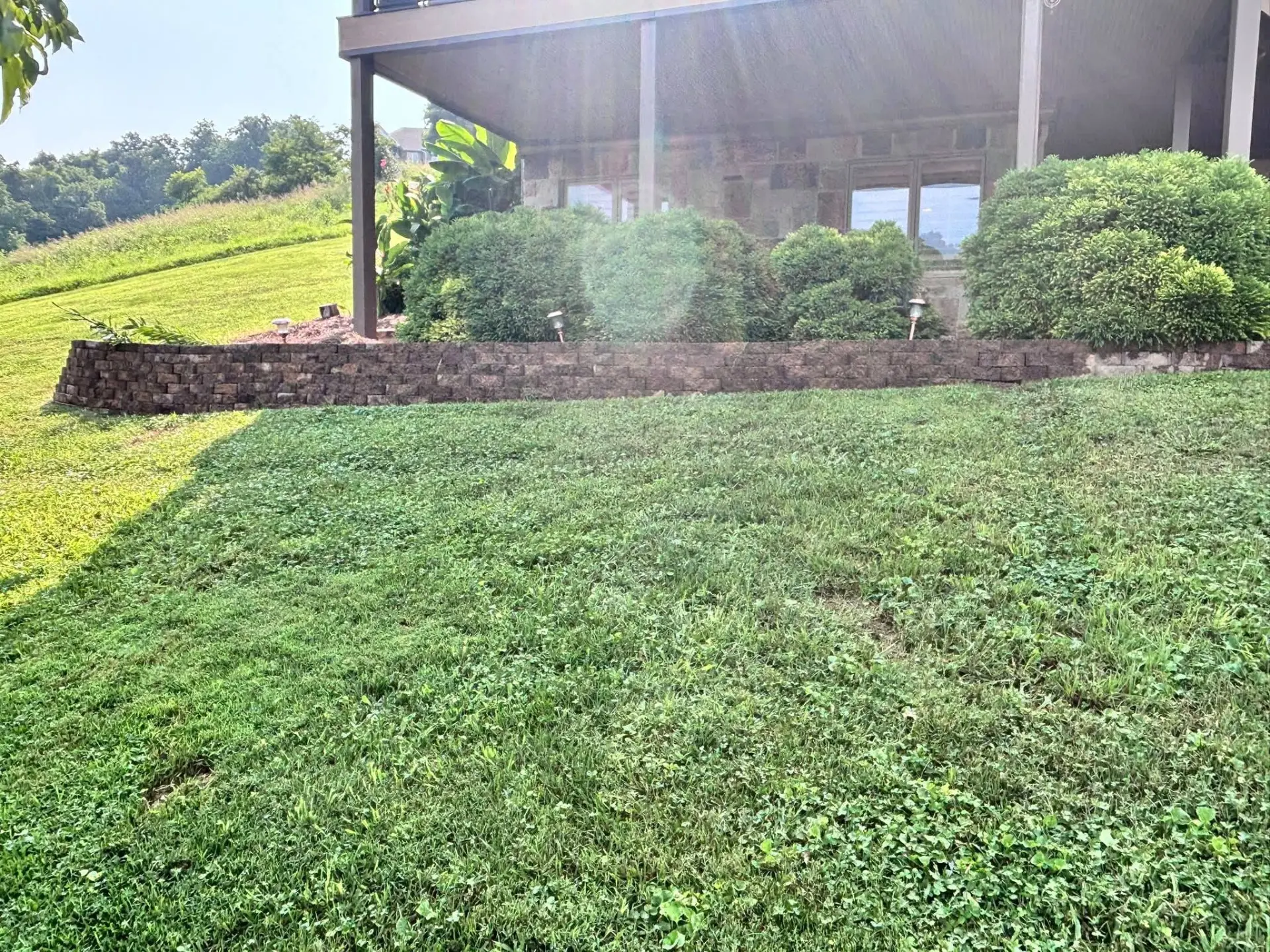 Stacked block retaining wall with shaped shrubs above a manicured lawn